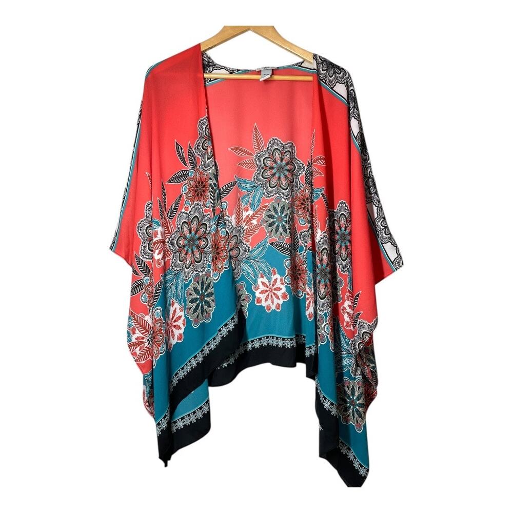 Catherines Kimono Womens 2x - 3x Coral Black Floral Boho Resort Wear Top